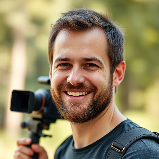 Es Porträt vom Marco Meier, eme symphatische Maa mit churzem Haar und Bart, mit ere Videokamera uf dr Schulter