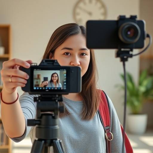 Studentin filmt mit ere 360 Grad Kamera